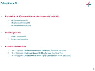15
Calendário de RI
 Resultados 2015 (divulgação após o fechamento do mercado)
 2T: 30 de julho de 2015
 3T: 29 de outubro de 2015
 4T: 18 de fevereiro de 2016
 Raia Drogasil Day
 Data: 4 de dezembro
 Local e horário a definir
 Próximas Conferências
 11 e 12 de maio: 13th Santander London Conference, Santander (Londres)
 13 e 14 de maio: 10th Annual LatAm CEO Conference, Itaú (Nova York)
 24 e 25 de junho: Citi's 8th Annual Brazil Equity Conference, Citibank (São Paulo)
 