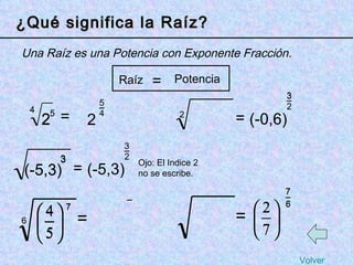 _ _ ¿Qué significa la Raíz? (-5,3) 3 = Ojo: El Indice 2 no se escribe. Una Raíz es una Potencia con Exponente Fracción. 4 2 5 = 5 2 _ 4 2 5 4 3 (-5,3) _ 2 = 3 (-5,3) 6 7 7 6 Raíz Potencia = 3 (-0,6) 2 = (-0,6) 2 3 2 _ = 6 7 7 6 Volver 