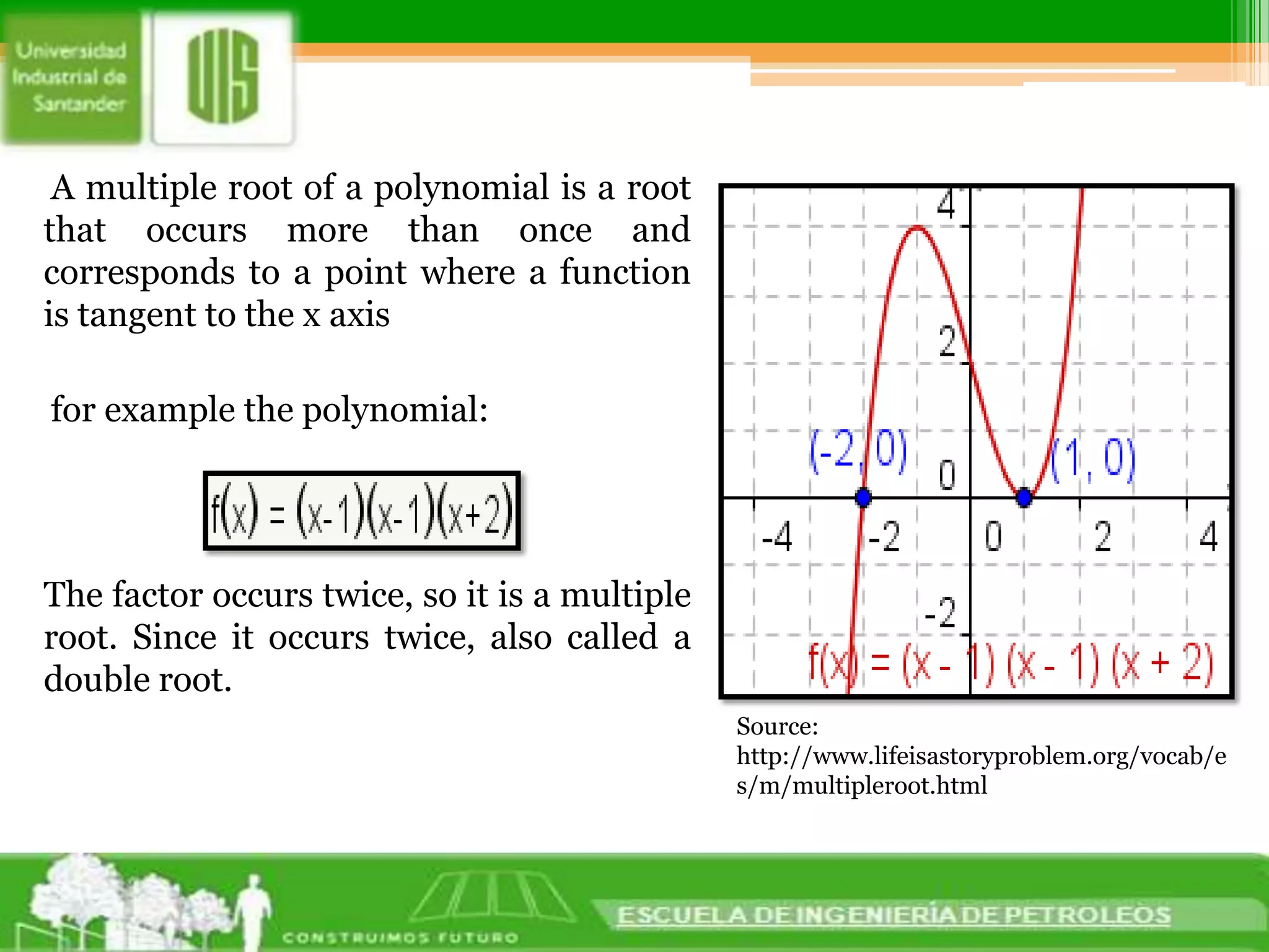      A multiple root of a polynomial is a root that occurs more than once and corresponds to a point where a function is tangent to the x axis     for example the polynomial:The factor occurs twice, so it is a multiple root. Since it occurs twice, also called a double root.Source: http://www.lifeisastoryproblem.org/vocab/es/m/multipleroot.html