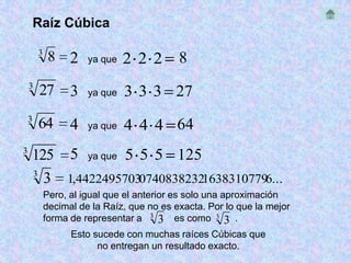 Raíz Cúbica

        3
             8    2   ya que   2 2 2       8
    3
        27        3   ya que   3 3 3 27
    3
        64        4   ya que   4 4 4 64
3
    125 5 ya que 5 5 5 125
    3
      3 1,4422495703074083823216383107796...
            Pero, al igual que el anterior es solo una aproximación
            decimal de la Raíz, que no es exacta. Por lo que la mejor
            forma de representar a 3 3 es como 3 3 .
                  Esto sucede con muchas raíces Cúbicas que
                        no entregan un resultado exacto.
 