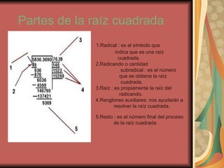 Partes de la raíz cuadrada 1.Radical : es el símbolo que  indica que es una raíz cuadrada. 2.Radicando o cantidad  subradical : es el número  que se obtiene la raíz  cuadrada. 3.Raíz : es propiamente la raíz del  radicando. 4.Renglones auxiliares: nos ayudarán a resolver la raíz cuadrada.  5.Resto : es el número final del proceso de la raíz cuadrada.  