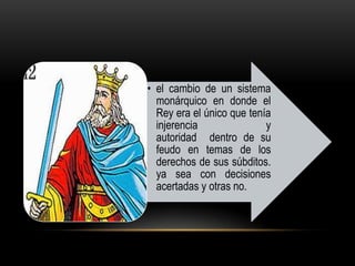 • el cambio de un sistema
monárquico en donde el
Rey era el único que tenía
injerencia
y
autoridad dentro de su
feudo en temas de los
derechos de sus súbditos.
ya sea con decisiones
acertadas y otras no.

 