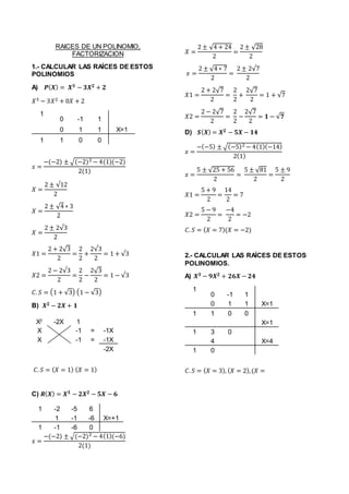 RAICES DE UN POLINOMIO,
FACTORIZACION
1.- CALCULAR LAS RAÍCES DE ESTOS
POLINOMIOS
A) 𝑷( 𝑿) = 𝑿 𝟑 − 𝟑𝑿 𝟐 + 𝟐
𝑋3 − 3𝑋2 + 0𝑋 + 2
1
0 -1 1
0 1 1 X=1
1 1 0 0
𝑥 =
−(−2) ± √(−2)2 − 4(1)(−2)
2(1)
𝑋 =
2 ± √12
2
𝑋 =
2 ± √4 ∗ 3
2
𝑋 =
2 ± 2√3
2
𝑋1 =
2 + 2√3
2
=
2
2
+
2√3
2
= 1 + √3
𝑋2 =
2 − 2√3
2
=
2
2
−
2√3
2
= 1 − √3
𝐶. 𝑆 = (1 + √3) (1 − √3)
B) 𝑿 𝟐 − 𝟐𝑿 + 𝟏
X2
-2X 1
X -1 = -1X
X -1 = -1X
-2X
𝐶. 𝑆 = ( 𝑋 = 1) ( 𝑋 = 1)
C) 𝑹( 𝑿) = 𝑿 𝟑 − 𝟐𝑿 𝟐 − 𝟓𝑿 − 𝟔
1 -2 -5 6
1 -1 -6 X=+1
1 -1 -6 0
𝑥 =
−(−2) ± √(−2)2 − 4(1)(−6)
2(1)
𝑋 =
2 ± √4 + 24
2
=
2 ± √28
2
𝑥 =
2 ± √4 ∗ 7
2
=
2 ± 2√7
2
𝑋1 =
2 + 2√7
2
=
2
2
+
2√7
2
= 1 + √7
𝑋2 =
2 − 2√7
2
=
2
2
−
2√7
2
= 𝟏 − √𝟕
D) 𝑺( 𝑿) = 𝑿 𝟐 − 𝟓𝑿 − 𝟏𝟒
𝑥 =
−(−5) ± √(−5)2 − 4(1)(−14)
2(1)
𝑥 =
5 ± √25 + 56
2
=
5 ± √81
2
=
5 ± 9
2
𝑋1 =
5 + 9
2
=
14
2
= 7
𝑋2 =
5 − 9
2
=
−4
2
= −2
𝐶. 𝑆 = ( 𝑋 = 7)(𝑋 = −2)
2.- CALCULAR LAS RAÍCES DE ESTOS
POLINOMIOS.
A) 𝑿 𝟑 − 𝟗𝑿 𝟐 + 𝟐𝟔𝑿 − 𝟐𝟒
1
0 -1 1
0 1 1 X=1
1 1 0 0
X=1
1 3 0
4 X=4
1 0
𝐶. 𝑆 = ( 𝑋 = 3), ( 𝑋 = 2),(𝑋 =
 