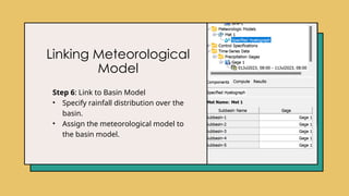 Linking Meteorological
Model
Step 6: Link to Basin Model
• Specify rainfall distribution over the
basin.
• Assign the meteorological model to
the basin model.
 