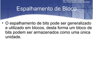 Espalhamento de Bloco

• O espalhamento de bits pode ser generalizado
  e utilizado em blocos, desta forma um bloco de
  bits podem ser armazenados como uma única
  unidade.
 