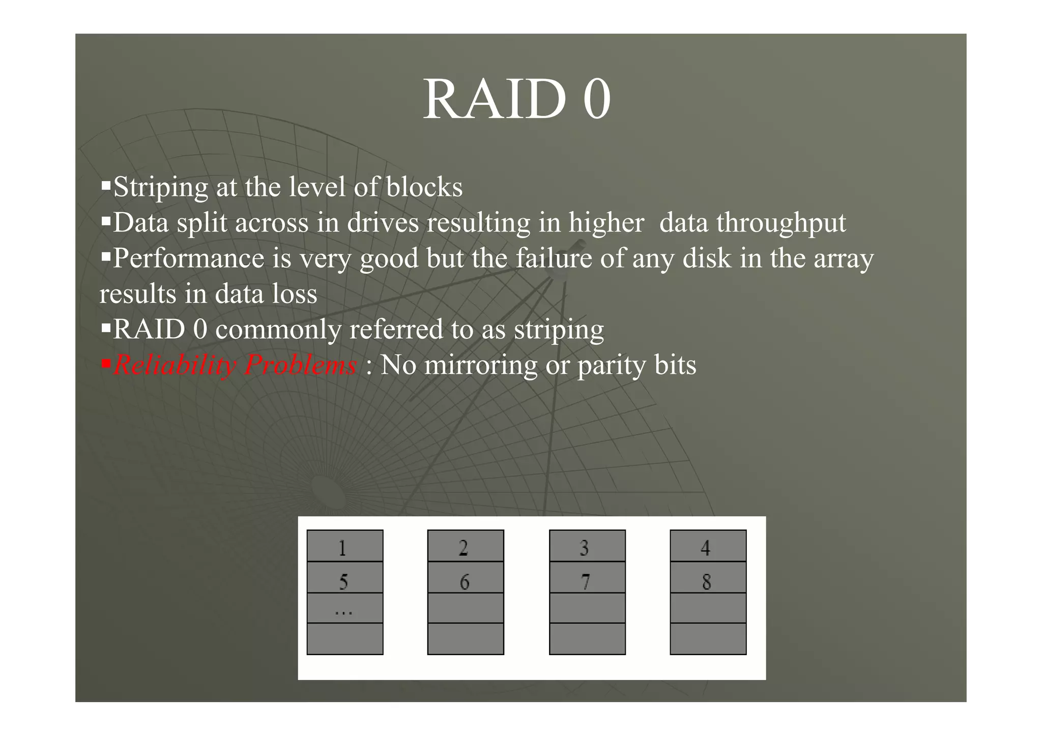 RAID 0
Striping at the level of blocks
Data split across in drives resulting in higher data throughput
Performance is very good but the failure of any disk in the array
results in data loss
RAID 0 commonly referred to as striping
Reliability Problems : No mirroring or parity bits
 