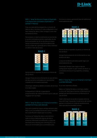 RAID 1: “array” de discos en Espejo (o Duplicado             funcionar al unísono, generando tasas de trasferencias
                                              si se dispone de controladora duplicada) sin                 extremadamente altas.
                                              paridad ni “striping”.

                                              Crea una copia idéntica (espejo) de un conjunto de                                        RAID 2
                                              datos en dos o más discos. En esta configuración no se
                                              hace “striping” de datos, si bien consigue un alto nivel             A1           A2             A3           Ap1       Ap2
                                              de tolerancia a fallos.                                              B1           B2             B3           Bp1       Bp2
                                                                                                                   C1           C2             C3           Cp1       Cp2
                                              Para alcanzar un máximo rendimiento se recomienda                    D1           D2             D3           Dp1       Dp2

                                              el uso de controladoras de disco duplicadas, de esta
                                                                                                                 Disco 0      Disco 1        Disco 2    Disco 3     Disco 4
                                              forma será posible leer de los dos discos al mismo
                                              tiempo incrementando la tasa de transferencia de
                                              lectura al doble de la generada por un disco individual
                                              sin alterar el ratio de escritura.
                                                                                                           Número de discos requeridos: Se precisa un mínimo de
                                                                    RAID 1                                 tres (3) discos.

                                                                                                           Ventajas: Buena protección de la información en caso
                                                                  A1            A1
                                                                                                           de fallos del disco.
                                                                  A2            A2
                                                                  A3            A3                         La tasa de transferencia de datos puede llegar a ser
                                                                  A4            A4                         extremadamente alta.

                                                               Disco 0        Disco 1                      Desventajas: Elevado coste. Según el tipo de
                                                                                                           configuración requiere un gran número de discos. La
                                                                                                           controladora resulta ser muy específica, compleja y
                                              Número de discos requeridos: Se precisa un mínimo de         costosa.
                                              dos (2) discos.

                                              Ventajas: Protección de la información en caso de fallos
                                              del disco y/o de la controladora (en caso de tener           RAID 3: “array” de discos con “striping” a nivel byte
                                              instalada una controladora duplicada).                       y paridad dedicada.

                                              Desventajas: Ineficiencia debido a las tareas de escritura   Es un nivel raramente utilizado.
                                              en el disco espejo.
                                                                                                   Opera con “striping” de datos a nivel byte y dedica
                                              Se “desperdicia” el 50% de la capacidad de           un disco del “array” para almacenar la información de
                                              almacenamiento del sistema haciendo que el coste por paridad que permitirá reconstruir la información en
                                              megabyte “útil” sea mayor.                           caso de fallos.

                                                                                                           Toda la información se escribe en paralelo entre los
                                                                                                           discos del “array” mejorando el rendimiento del sistema
                                              RAID 2: “array” de discos con “striping” a nivel bit y       gracias al incremento en la tasa de transferencia de
                                              paridad Hamming-code dedicada.                               datos que esta funcionalidad conlleva.

                                              Este nivel no presenta ninguna ventaja relevante sobre
                                              RAID 3 y en la actualidad resulta ser el único nivel RAID
                                                                                                                                        RAID 3
                                              de la especificación original que no se utiliza.
                                                                                                                        A1              A2             A3           Ap
                                              Funciona con “striping” de datos a nivel de bit en                        B1              B2             B3           Bp
                                                                                                                        C1              C2             C3           Cp
                                              todos los discos, dedicando algunos de estos a
                                                                                                                        D1              D2             D3           Dp
                                              almacenar información de verificación y corrección
                                              de errores (error checking and correcting, ECC). Los                  Disco 1       Disco 2           Disco 3       Disco 4
                                              discos son sincronizados por la controladora para




RAID: Características, ventajas y aplicaciones.                                                                                                                               3
 