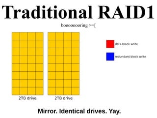 Traditional RAID1boooooooring >=[
Mirror. Identical drives. Yay.
 