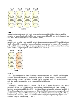 RAID 1 
Biasa disebut dengan modus mirroring. Membutuhkan minimal 2 harddisk. Sistemnya adalah 
menyalin isi sebuah harddisk ke harddisk lain dengan tujuan: jika salah satu harddisk rusak secara 
fisik, maka data tetap dapat diakses dari harddisk lainnya. 
Contoh: 
Sebuah server memiliki 2 unit harddisk yang berkapasitas masing-masing 80GB dan dikonfigurasi 
RAID 1. Setelah beberapa tahun, salah satu harddisknya mengalami kerusakan fisik. Namun data 
pada harddisk lainnya masih dapat dibaca, sehingga data masih dapat diselamatkan selama bukan 
semua harddisk yang mengalami kerusakan fisik secara bersamaan. 
RAID 2 
RAID 2, juga menggunakan sistem stripping. Namun ditambahkan tiga harddisk lagi untuk pariti 
hamming, sehingga data menjadi lebih reliable. Karena itu, jumlah harddisk yang dibutuhkan 
adalah minimal 5 (n+3, n > 1). Ketiga harddisk terakhir digunakan untuk menyimpan hamming 
code dari hasil perhitungan tiap bit-bit yang ada di harddisk lainnya. 
Contoh: 
Kita memiliki 5 harddisk (sebut saja harddisk A,B,C, D, dan E) dengan ukuran yang sama, masing-masing 
40GB. Jika kita mengkonfigurasi keempat harddisk tersebut dengan RAID 2, maka 
kapasitas yang didapat adalah: 2 x 40GB = 80GB (dari harddisk A dan B). Sedangkan harddisk C, 
D, dan E tidak digunakan untuk penyimpanan data, melainkan hanya untuk menyimpan informasi 
pariti hamming dari dua harddisk lainnya: A, dan B. Ketika terjadi kerusakan fisik pada salah satu 
harddisk utama (A atau B), maka data tetap dapat dibaca dengan memperhitungkan pariti kode 
hamming yang ada di harddisk C, D, dan E. 
 