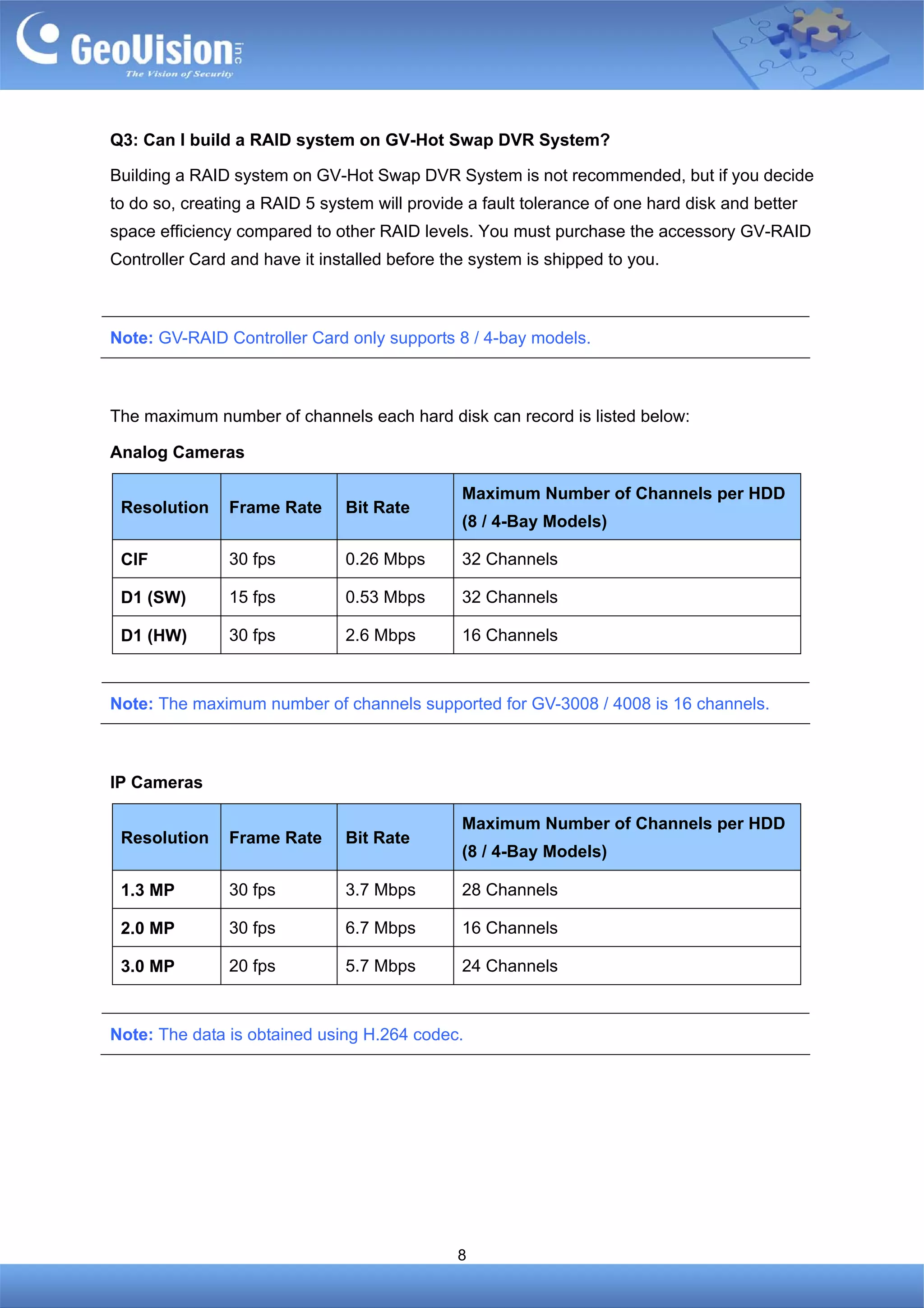 Q3: Can I build a RAID system on GV-Hot Swap DVR System?

Building a RAID system on GV-Hot Swap DVR System is not recommended, but if you decide
to do so, creating a RAID 5 system will provide a fault tolerance of one hard disk and better
space efficiency compared to other RAID levels. You must purchase the accessory GV-RAID
Controller Card and have it installed before the system is shipped to you.



Note: GV-RAID Controller Card only supports 8 / 4-bay models.



The maximum number of channels each hard disk can record is listed below:

Analog Cameras

                                               Maximum Number of Channels per HDD
 Resolution     Frame Rate     Bit Rate
                                               (8 / 4-Bay Models)

 CIF            30 fps         0.26 Mbps       32 Channels

 D1 (SW)        15 fps         0.53 Mbps       32 Channels

 D1 (HW)        30 fps         2.6 Mbps        16 Channels



Note: The maximum number of channels supported for GV-3008 / 4008 is 16 channels.



IP Cameras

                                               Maximum Number of Channels per HDD
 Resolution     Frame Rate     Bit Rate
                                               (8 / 4-Bay Models)

 1.3 MP         30 fps         3.7 Mbps        28 Channels

 2.0 MP         30 fps         6.7 Mbps        16 Channels

 3.0 MP         20 fps         5.7 Mbps        24 Channels



Note: The data is obtained using H.264 codec.




                                               8
 