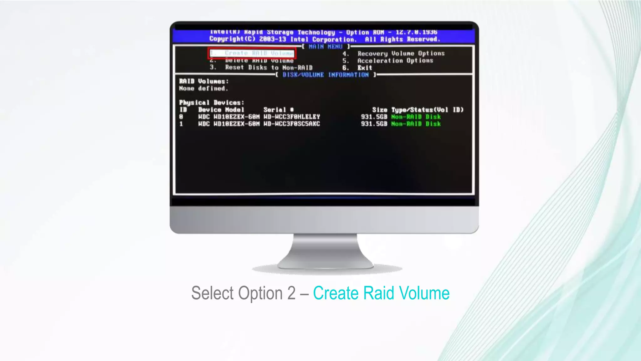 Select Option 2 – Create Raid Volume