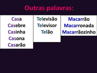 Outras palavras:
Casa
Casebre
Casinha
Casona
Casarão
Televisão
Televisor
Telão
Macarrão
Macarronada
Macarrãozinho
 