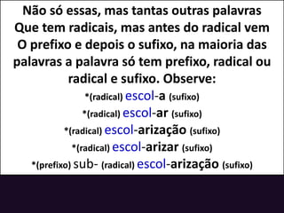 Não só essas, mas tantas outras palavras
Que tem radicais, mas antes do radical vem
O prefixo e depois o sufixo, na maioria das
palavras a palavra só tem prefixo, radical ou
radical e sufixo. Observe:
*(radical) escol-a (sufixo)
*(radical) escol-ar (sufixo)
*(radical) escol-arização (sufixo)
*(radical) escol-arizar (sufixo)
*(prefixo) sub- (radical) escol-arização (sufixo)
 