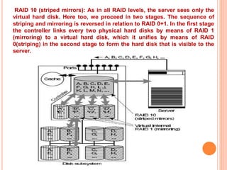 RAID 10 (striped mirrors): As in all RAID levels, the server sees only the
virtual hard disk. Here too, we proceed in two stages. The sequence of
striping and mirroring is reversed in relation to RAID 0+1. In the first stage
the controller links every two physical hard disks by means of RAID 1
(mirroring) to a virtual hard disk, which it unifies by means of RAID
0(striping) in the second stage to form the hard disk that is visible to the
server.
 