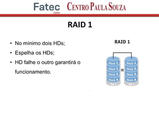 RAID 1
• No mínimo dois HDs;
• Espelha os HDs;
• HD falhe o outro garantirá o
funcionamento.
 