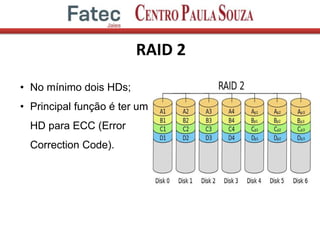 RAID 2
• No mínimo dois HDs;
• Principal função é ter um
HD para ECC (Error
Correction Code).
 