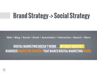 Web + Blog + Social + Email + Automation + Interactive + Search + More
BrandStrategy->SocialStrategy
DIGITALMARKETINGDOESN’TWORK…WITHOUTCONTENT.
RAIDIOUSMAKESTHECONTENTTHATMAKESDIGITALMARKETINGWORK.
 