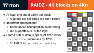 RAIDZ - 4K blocks on 4Kn
● At least one set of parity per block
○ Also one set per stripe (as seen before)
● Important observations:
○ Same space consumption as mirroring
○ But supports 50% of the iops
● Stored 80K of data in space of 128K block
○ referenced increases by 128K
○ 10 GiB of 4K → referenced=16g
P0 D0 P0 D0 P0
D0 P0 D0 P0 D0
P0
D0 P0 D0 P0
D0 P0 D0 P0 D0
P0 D0 P0 D0 P0
D0 P0 D0 P0 D0
P0 D0 P0 D0 P0
D0 P0 D0 P0 D0
 