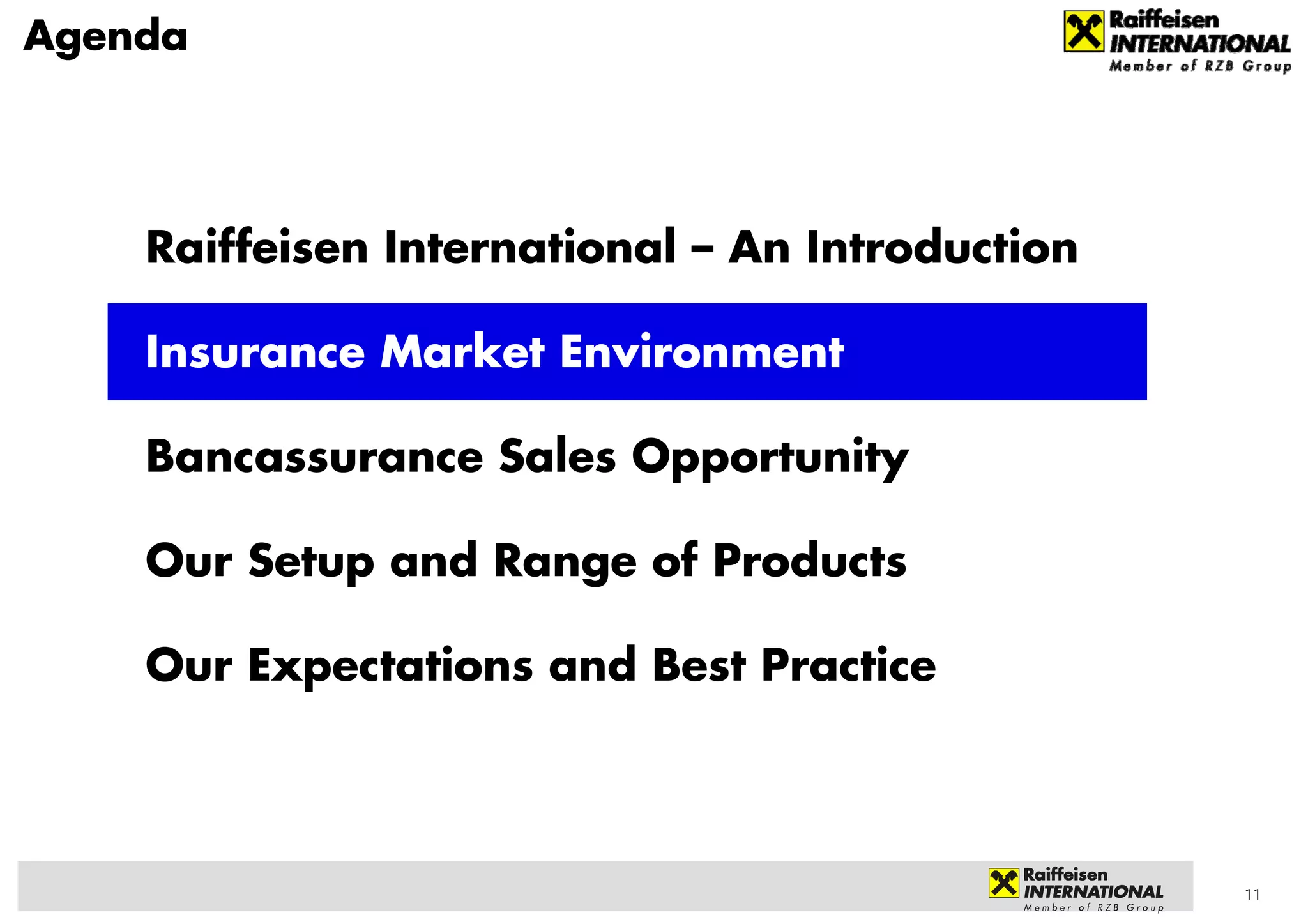 Agenda




    Raiffeisen International – An Introduction

    Insurance Market Environment

    Bancassurance Sales Opportunity

    Our Setup and Range of Products

    Our Expectations and Best Practice




                                                 11
 