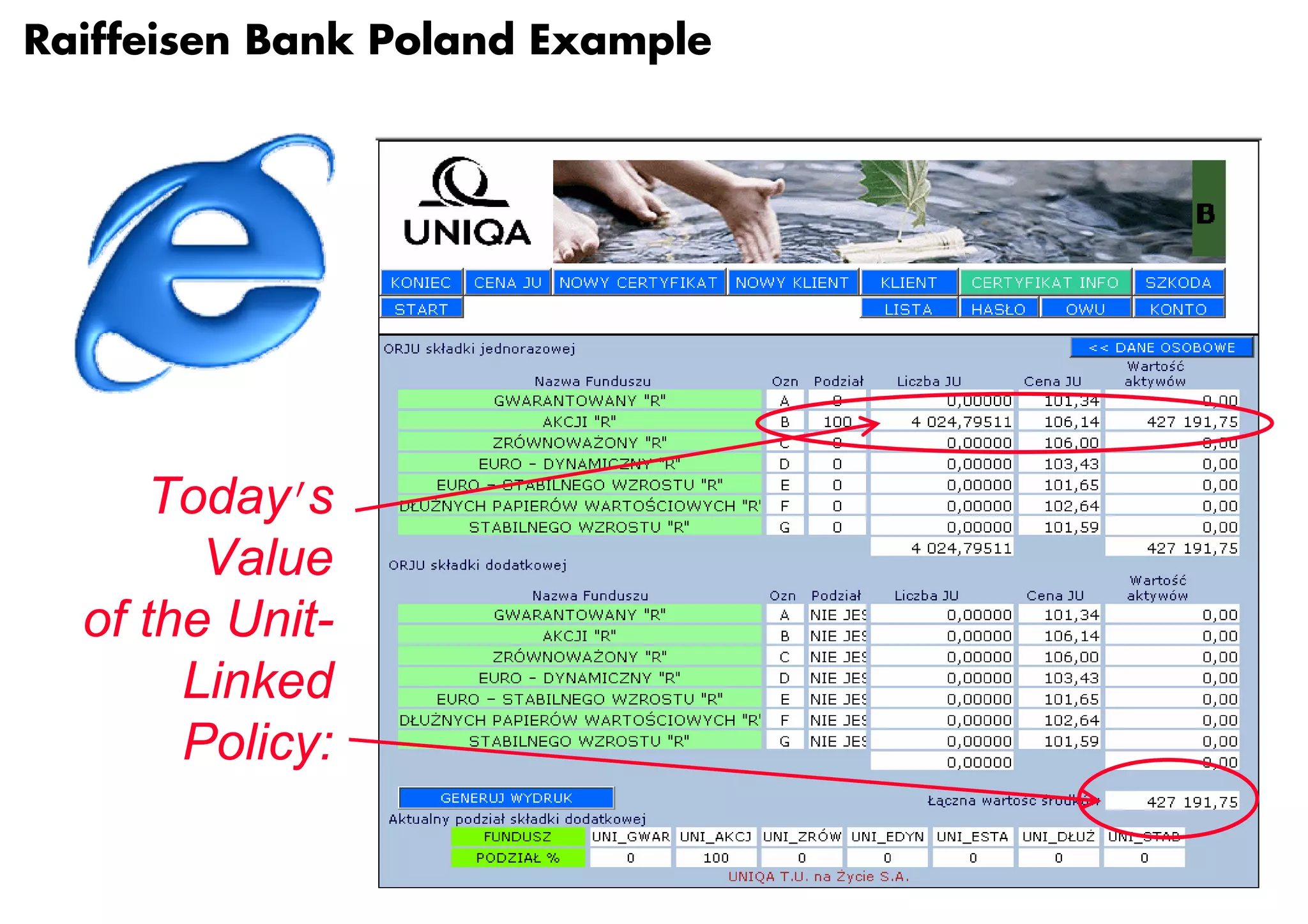 Raiffeisen Bank Poland Example




      Today’s
        Value
  of the Unit-
       Linked
       Policy:
 