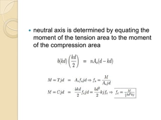 

neutral axis is determined by equating the
moment of the tension area to the moment
of the compression area

 
