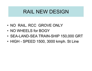 RAIL NEW DESIGN

•   NO RAIL. RCC GROVE ONLY
•   NO WHEELS for BOGY
•   SEA-LAND-SEA TRAIN-SHIP 150,000 GRT
•   HIGH - SPEED 1500, 3000 kmph. St Line
 