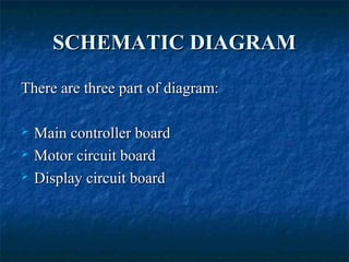 SCHEMATIC DIAGRAMSCHEMATIC DIAGRAM
There are three part of diagram:There are three part of diagram:
 Main controller boardMain controller board
 Motor circuit boardMotor circuit board
 Display circuit boardDisplay circuit board
 