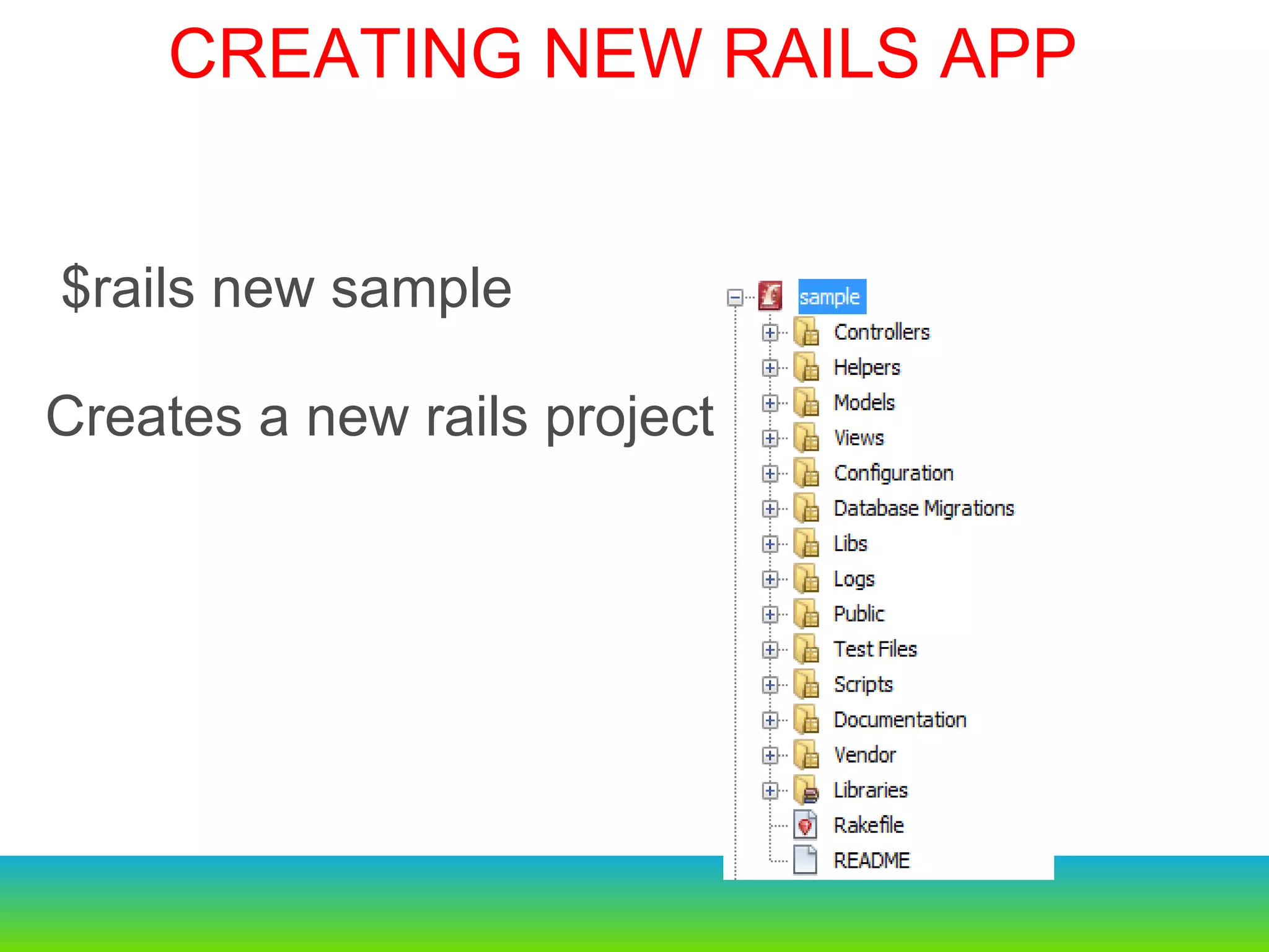   $rails new sample Creates a new rails project   CREATING NEW RAILS APP 