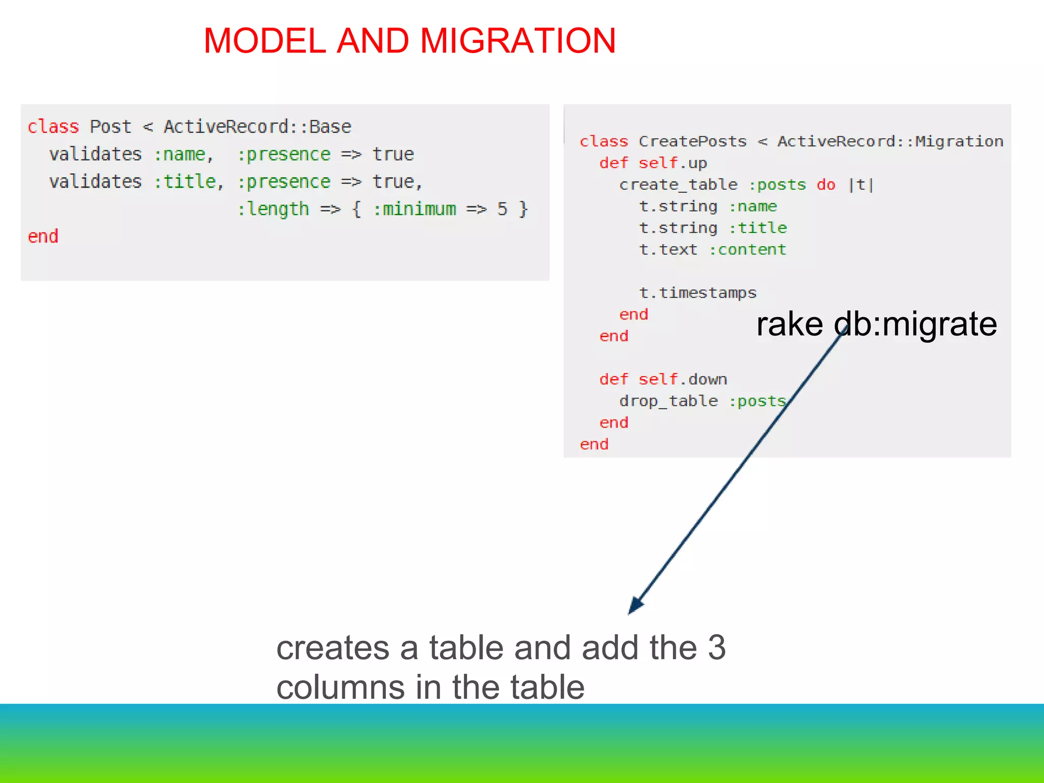      Old                                                     New script/generate                              rails g script/console                                rails c script/server                                  rails s script/dbconsole                             rails db rake db:migrate creates a table and add the 3 columns in the table  MODEL AND MIGRATION 