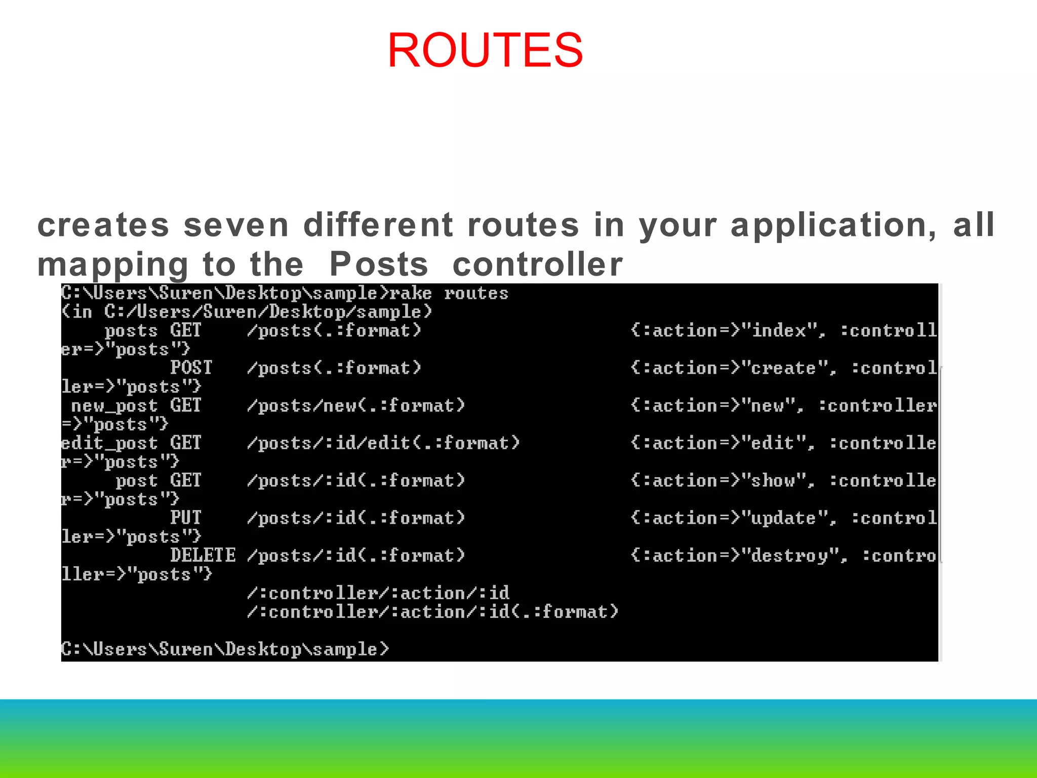 creates seven different routes in your application, all mapping to the Posts controller ROUTES 