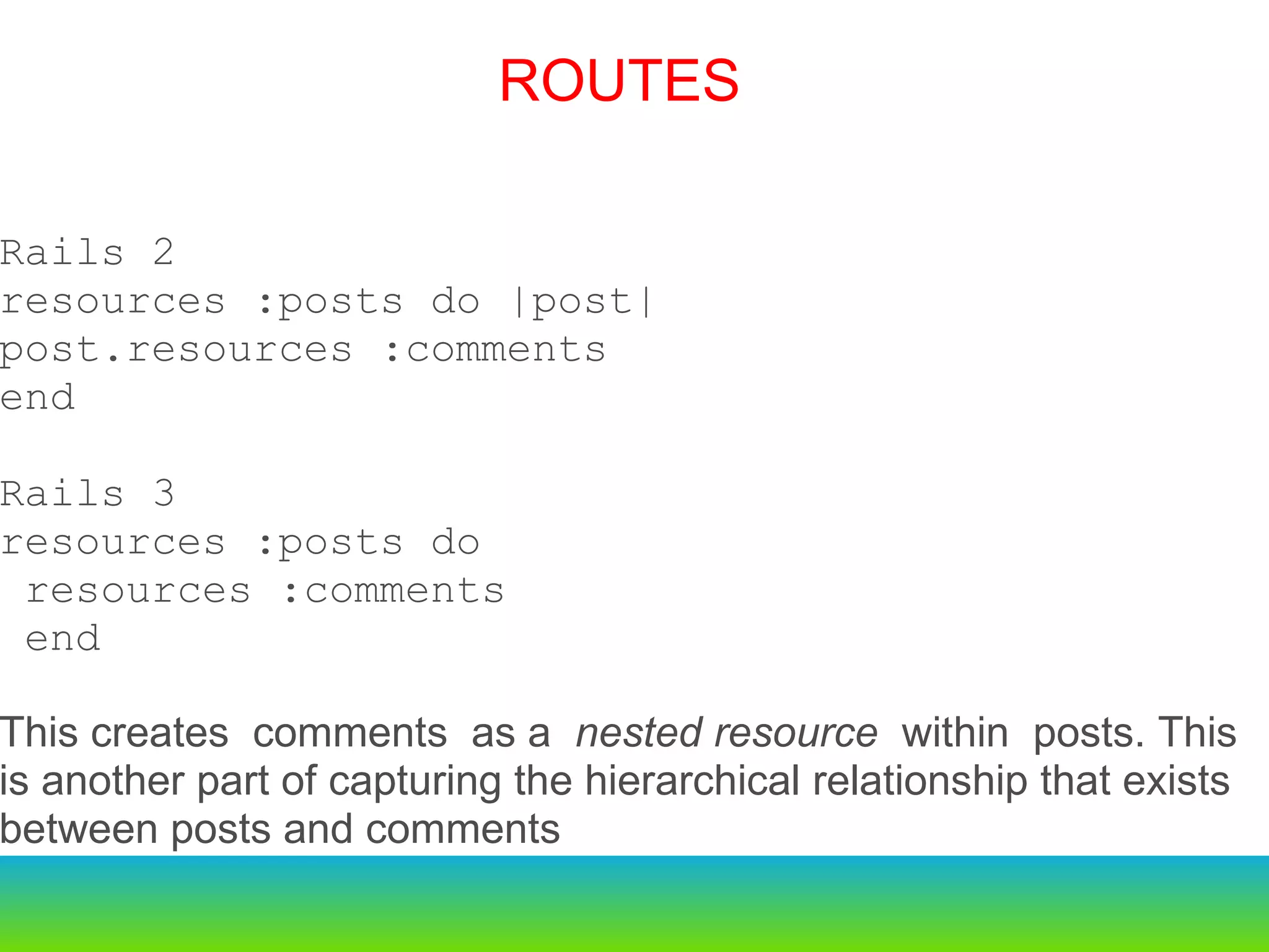 Rails 2 resources :posts do |post|  post.resources :comments  end Rails 3 resources :posts do resources :comments end This creates comments as a  nested resource  within posts. This is another part of capturing the hierarchical relationship that exists between posts and comments ROUTES 