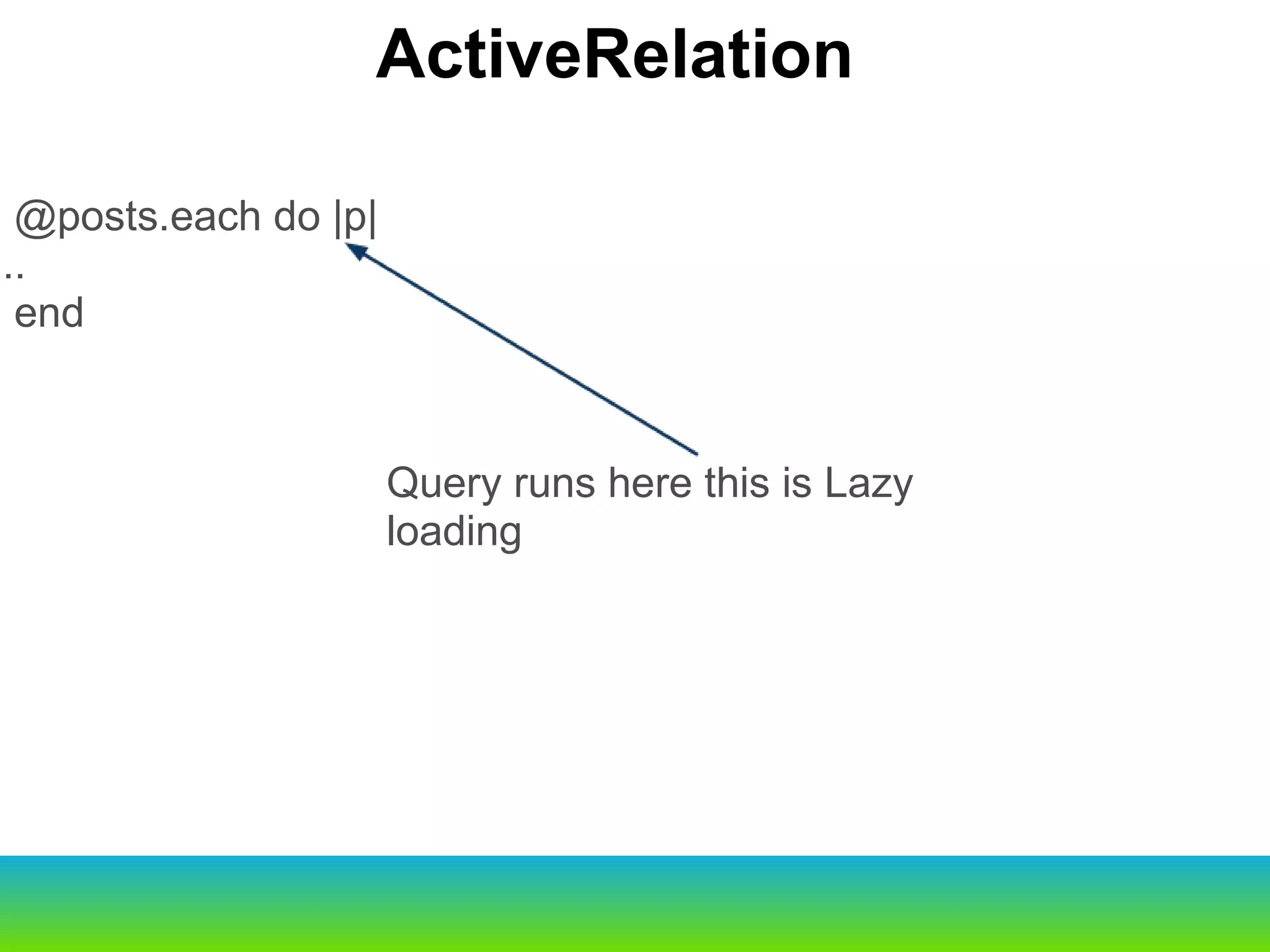      Old                                                     New script/generate                              rails g script/console                                rails c script/server                                  rails s script/dbconsole                             rails db @posts.each do |p| ... end ActiveRelation Query runs here this is Lazy loading 