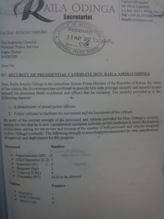 Raila's letter from Boinnet