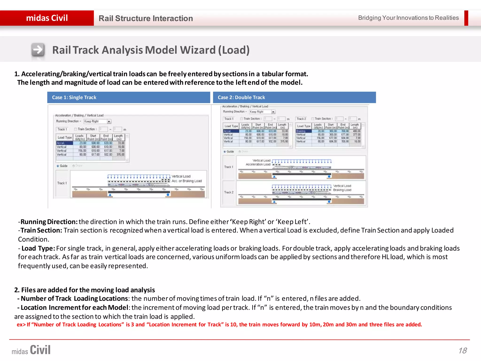 Bridging Your Innovations to Realitiesmidas Civil
18
Rail Structure Interaction
1. Accelerating/braking/vertical train loadscan be freelyenteredbysectionsin a tabular format.
The length and magnitude of load can be enteredwithreference tothe leftendof the model.
-RunningDirection:the direction in which the train runs.Define either‘KeepRight’or ‘KeepLeft’.
-TrainSection: Train sectionis recognizedwhenavertical load is entered. Whenavertical Load is excluded,define TrainSectionandapply Loaded
Condition.
- Load Type:For single track, in general,applyeitheraccelerating loadsor brakingloads. Fordouble track, apply acceleratingloads andbraking loads
foreachtrack. Asfar as train vertical loads are concerned, variousuniformloadscan be appliedby sectionsandtherefore HLload, which is most
frequentlyused,canbe easilyrepresented.
2. Filesare added for the moving load analysis
- Number ofTrack LoadingLocations: the numberof movingtimesof train load.If “n” is entered,nfilesare added.
- Location Incrementfor eachModel:the incrementof moving load pertrack. If “n” is entered,the trainmovesbyn and the boundaryconditions
are assignedtothe sectionto which the train load is applied.
ex> If “Number of Track Loading Locations” is 3 and “Location Increment for Track” is 10, the train moves forward by 10m, 20m and 30m and three files are added.
Case 1: Single Track Case 2: Double Track
RailTrack AnalysisModel Wizard (Load)
 