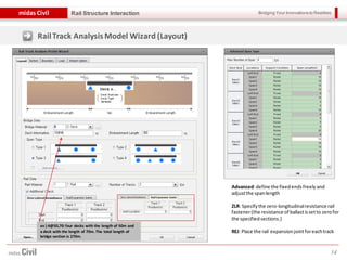 Bridging Your Innovations to Realitiesmidas Civil
14
Rail Structure Interaction
RailTrack AnalysisModel Wizard (Layout)
Advanced:define the fixedendsfreelyand
adjustthe spanlength
ZLR: Specifythe zero-longitudinalresistance rail
fastener(the resistance of ballastissetto zerofor
the specifiedsections.)
REJ: Place the rail expansionjointforeachtrack
ex ) 4@50,70:four decks with the length of 50m and
a deck with the length of 70m. The total length of
bridge section is 270m.
 