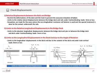 Bridging Your Innovations to Realitiesmidas Civil
25
Rail Structure Interaction
CheckDisplacements
- Restrict the deformations of the deck and the track to prevent the excessive relaxation of ballast.
- Limits to the relative lateral displacements between the bridge deck and rails under traction/braking loads: 4mm or less
- Exceptions are made for the cases where the zero-longitudinal resistance rail fastener is used and the special treatment is
done for the contact underneath the rails.
2) Limits to the RelativeLongitudinal Displacements in the Bridge Deck
3) Limits to the Longitudinal Displacements in the Deck End due to the Angle of Rotation
- Limits to the longitudinal displacements in the deck end due to the rotation of the deck end under train vertical
loads: 8mm or less
1) RelativeDisplacements between the Rails and Bridge
- Limits to the absolute longitudinal displacements between the bridge deck and pier or between the bridge deck
and deck under traction/braking loads: 5mm or less
Limits to relative longitudinal displacements Limits to displacements due to rotation of deck end
abutment pier
Longitudinal displacements
at top surface of deck end
 