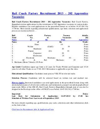Rail Coach Factory Recruitment 2013 – 202 Apprentice
Vacancies
Rail Coach Factory Recruitment 2013 – 202 Apprentice Vacancies: Rail Coach Factory,
Kapurthala invites applications for the recruitment of 202 Apprentice vacancies in various trades.
Eligible candidates can send applications in the prescribed format on or before 16-07-2013 by
17.00 hrs. More details regarding educational qualifications, age limit, selection and application
process are mentioned below…
Rail Coach Factory Vacancy details:
Total No. of Vacancies: 202
Name of the Post: Apprentice
Name of the Trade:
1. Fitter: 50 Posts
2. Welder (G&E): 59 Posts
3. Machinist: 20 Posts
4. Painter (G): 10 Posts
5. Carpenter: 20 Posts
6. Electrician: 25 Posts
7. Electronic Mechanic: 03 Posts
8. AC & Ref. Mechanic: 10 Posts
9. Mechanic (Motor Vehicle): 05 Posts
Age Limit: Candidates upper age limit is 22 years for Trades Welder and Carpenter and 15-24
years for all other Trades as on 17-06-2013. Relaxation is applicable as per the rules.
Educational Qualification: Candidates must possess VIII, ITI in relevant trades.
Selection Process: Candidates will be selected based on written test and medical test.
How to Apply: Interested candidates can send applications in the prescribed format along with
attested photocopies of all relevant certificates and testimonials, passport size photograph affixed
must reach Office of the GM (P), Rail Coach Factory (Kapurthala) through post or can also be
dropped in the Box kept in the office of GM (P) on or before 16-07-2013 by 17.00 hrs.
Important Dates:
Last Date for Submission of Application: 16-07-2013 by 17.00 hrs
Schedule of Written Test: Last week of September, 2013
For more details regarding age, qualifications, pay scale, selections and other information click
on the below link…
Click here for Recruitment Advt & Application Form
 