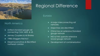 Regional Difference
North America
 Unified standard gauge rail
connecting CAN, MEX, & US
 Jenney Couplers & Air Brakes
 1980s Staggers Rail Act
 Diesel locomotives & Electrified
northeast corridor
Eurasia
 4 major interconnecting rail
networks
 Major lines are electrified
 China has an extensive Standard
gauge network
 IND & PAK operate extensive
broad gauge network
 Development of containerization
 