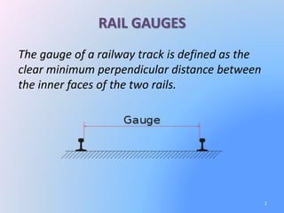 RAIL GAUGES
The gauge of a railway track is defined as the
clear minimum perpendicular distance between
the inner faces of the two rails.
2
 