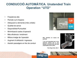 CONDUCCIÓ AUTOMÀTICA. Unatended Train
Operation “UTO”
• Freqüència alta
• Període curt d’espera
• Adequació a demanda (més unitats)
• Qualitat de servei
• Disponibilitat-Puntualitat
• Minimització costos d’operació
• Més eficiència i rendiment
• Millora imatge de l’operador
• Augment d’utilització i ingressos
• Assistir passatgers en lloc de conduir
40% gasolina en busca de
parking.
“I am not interested just in the
electical vehicle but in the
design of tranport that will help
urbanizable smart cities”
Prof. Ryan Chin. M.I.T.
 