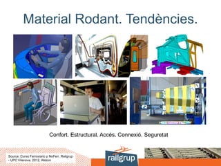 Material Rodant. Tendències.
Source: Curso Ferroviario p NoFerr. Railgrup
- UPC Vilanova. 2012. Alstom
Confort. Estructural. Accés. Connexió. Seguretat
 