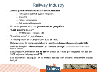 Railway Industry
• Amplia gamma de fabricants / rail manufacturers
o Rolling stock (OEM) & System integrators
o Signalling
o Railway Infrastructure
o Sub-systems/Components
• Un sector present amb una gran cobertura geogràfica
• “A job-creating sector “
o 400 000 directes i indirectes a EU
• “A leading sector” en tecnologies.
• “A leading sector en GDP (EU GDP 50% of Total)
• Railway sector és part essencial per a assolir un desenvolupament sostenible
• Medi de transport “lowest impact” en “climate change” Un dels objectius del EC 2011 White
Paper on Transport
• La European Commission no ha cobert el total de 53 B€ per Projectes Rail des del
2007 mitjançant el programa FP7.
• Les economies asiàtiques en el mateix període han superat àmpliament aquest
budget
 
