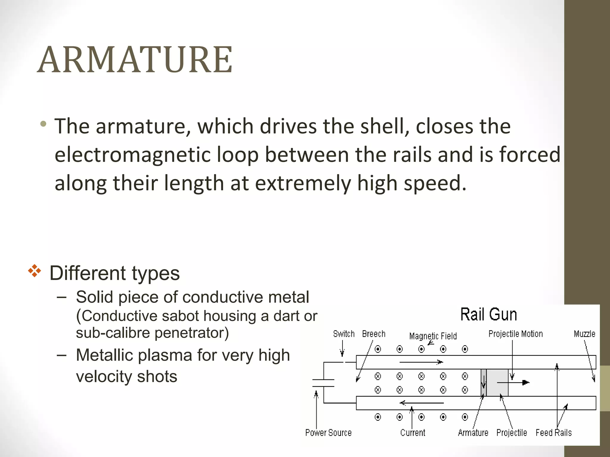 ARMATURE
• The armature, which drives the shell, closes the
electromagnetic loop between the rails and is forced
along their length at extremely high speed.

 Different types
– Solid piece of conductive metal
(Conductive sabot housing a dart or
sub-calibre penetrator)

– Metallic plasma for very high
velocity shots

 