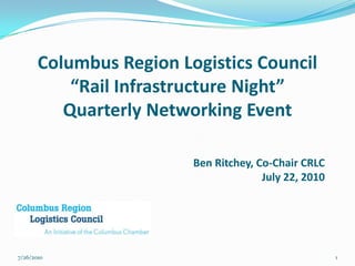 Columbus Region Logistics Council“Rail Infrastructure Night”Quarterly Networking Event Ben Ritchey, Co-Chair CRLC July 22, 2010  7/21/2010 1 