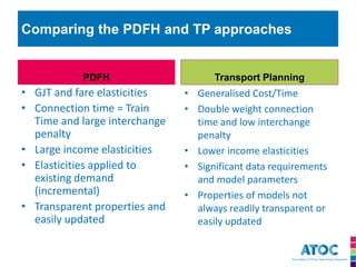 PDFH 
•GJT and fare elasticities 
•Connection time = Train Time and large interchange penalty 
•Large income elasticities 
•Elasticities applied to existing demand (incremental) 
•Transparent properties and easily updated 
Transport Planning 
•Generalised Cost/Time 
•Double weight connection time and low interchange penalty 
•Lower income elasticities 
•Significant data requirements and model parameters 
•Properties of models not always readily transparent or easily updated 
Comparing the PDFH and TP approaches  