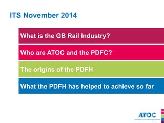 ITS November 2014 
What is the GB Rail Industry? 
Who are ATOC and the PDFC? 
The origins of the PDFH 
What the PDFH has helped to achieve so far  