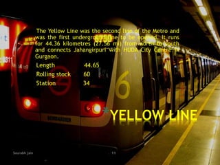 *YELLOW LINE
The Yellow Line was the second line of the Metro and
was the first underground line to be opened. It runs
for 44.36 kilometres (27.56 mi) from north to south
and connects Jahangirpuri with HUDA City Centre in
Gurgaon.
Length 44.65
Rolling stock 60
Station 34
Sourabh jain 11
 