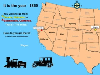 California Nevada Utah Wyoming Nebraska Kansas Oklahoma Texas New Mexico Arizona Colorado South Dakota North  Dakota Montana Idaho Oregon Washington It is the year 1860 You want to go from Sacramento, California .  Omaha, Nebraska  to Omaha Sacramento How do you get there? (Click on a mode of transportation) That’s 1,775 miles! Train Car Wagon W E S 