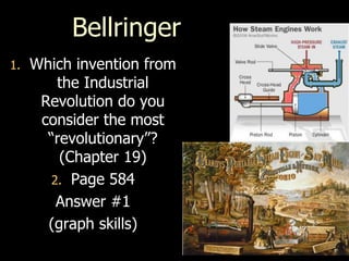 Bellringer
1. Which invention from
the Industrial
Revolution do you
consider the most
“revolutionary”?
(Chapter 19)
2. Page 584
Answer #1
(graph skills)
 