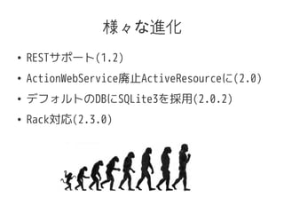 M
 RESTݩ`(1.2)
 ActionWebServiceֹActiveResource(2.0)
 ǥեȤDBSQLite3(2.0.2)
 Rack(2.3.0)
 